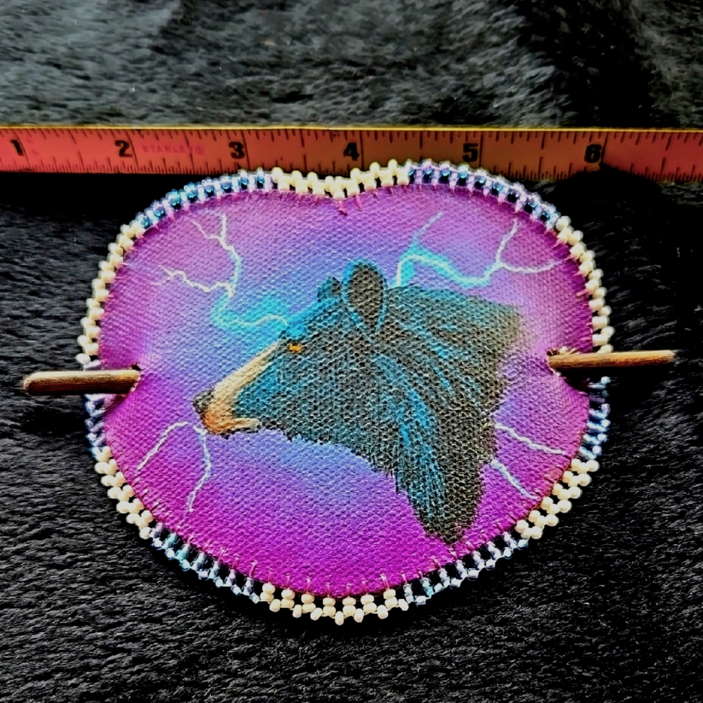 Handmade Purple & White Beaded Black Bear Hair Ornament with Purple Background